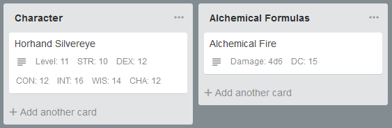 Trello cards for a character and an ability